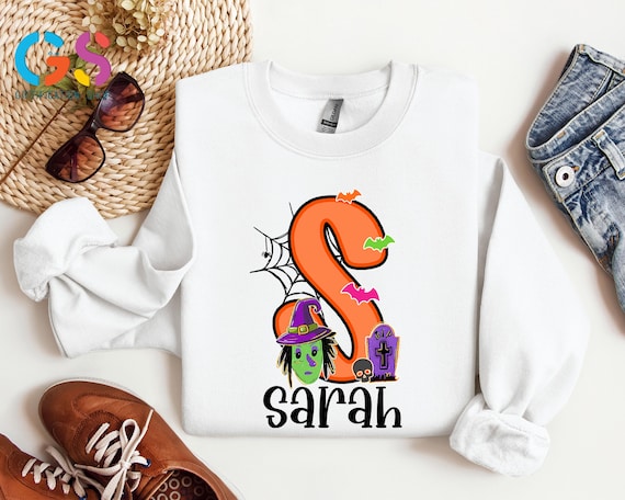 Custom Name Halloween Initial Sweatshirt, Witch Pumpkin Tee, Spooky Monogram Tee