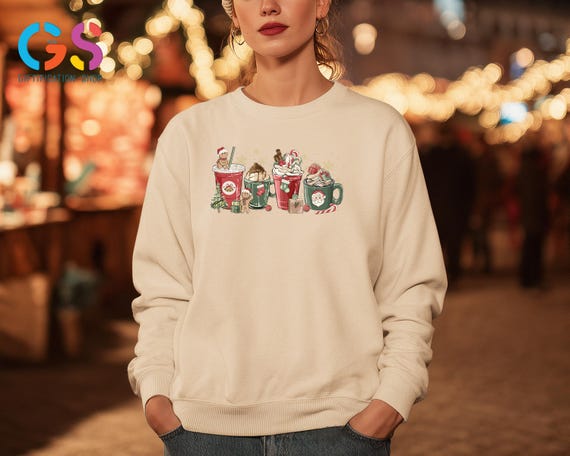 Christmas Coffee Cups Sweatshirt, Xmas Candy Cane Sweater, Cozy Winter Sweatshirt, Holiday Season Sweatshirt, Festive Sweater