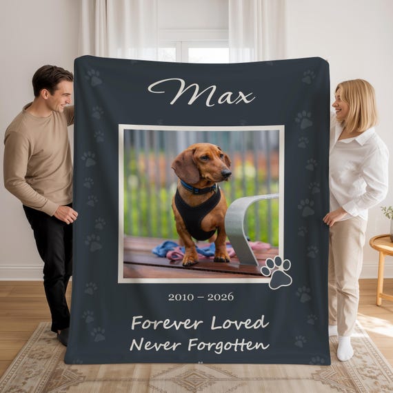 Personalized Dog Photo Blanket, Custom Name Pet Memorial Gift, Loss Of Dog Keepsake (Sherpa or Minky)