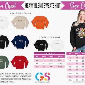 Pode incluir: Uma tabela de cores para camisolas de mistura pesada, mostrando tamanhos para adultos e jovens em v&aacute;rias cores como branco, preto, azul marinho e vermelho. Inclui uma tabela de tamanhos com medidas em polegadas e o texto "M&atilde;e".