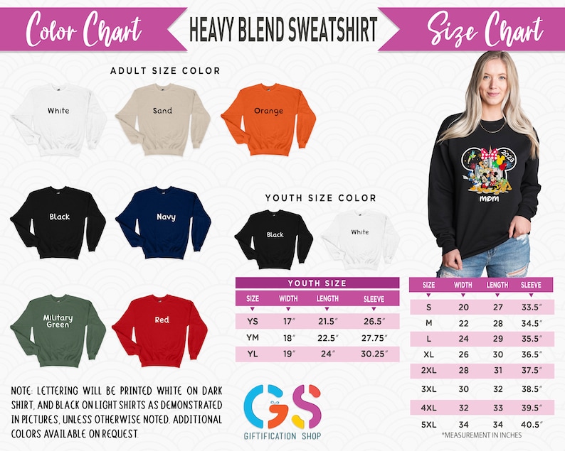 Pode incluir: Uma tabela de cores para camisolas de mistura pesada, mostrando tamanhos para adultos e jovens em v&aacute;rias cores como branco, preto, azul marinho e vermelho. Inclui uma tabela de tamanhos com medidas em polegadas e o texto "M&atilde;e".