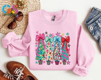 Coquette Christmas Tree Sweatshirt, Colorful Holiday Tshirt, Pink Bow Hoodie, Disco Ball Tree Tee