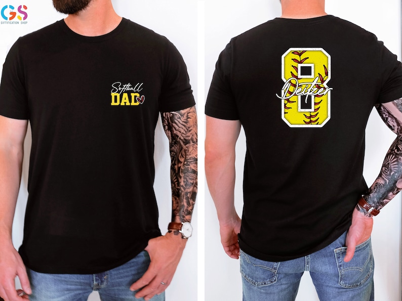 May include: Black t-shirt with the text "Softball Dad" on the front and a yellow softball with the number 8 and the name "Dexter" on the back.