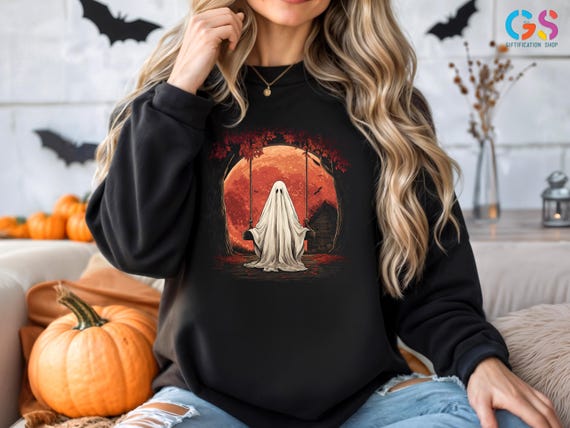 Retro Halloween Ghost Sweatshirt, Ghost and Red Moon Sweater,Spooky Night Sweatshirt, Creepy Fall Season Sweater, Gothic Sweatshirt