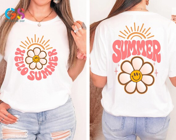 Retro Hello Summer Shirt, Smile Flower and Sun Shirt, Floral Vacation Shirt, Funny  Sunshine Shirt, Trendy Beach Shirt, Summer Vibes