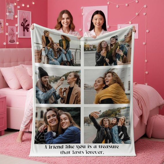 Personalized Photo Blanket Collage, Custom Picture Minky Sherpa Blanket With Text, Family Friends Gifts, New Dad Mom Present