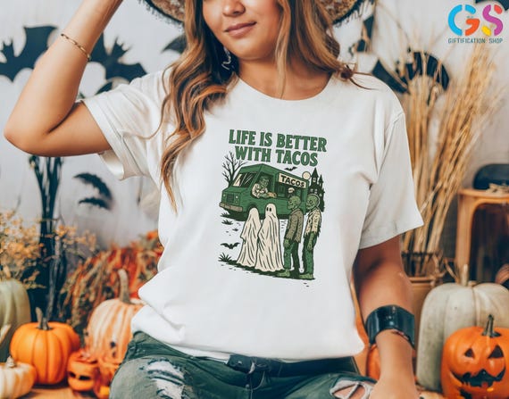 Funyy Spooky Tshirt, Vintage Halloween Graphic Tee, Retro Skeleton Shirt, Spooky Season Shirt, Funny Halloween Shirt, Tacos Lover Shirt