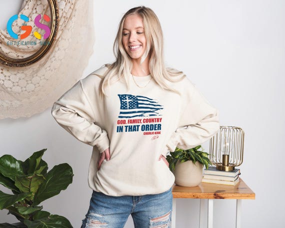 Charlie Kirk God Family Country Sweatshirt, Rest In Peace Sweater, RIP Hoodie, Patriotic Freedom Red White Blue Clothes