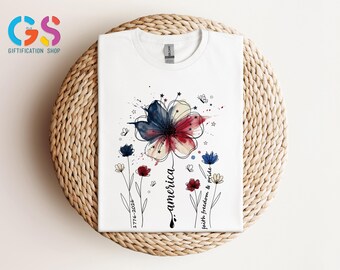 Camiseta Floral USA 250 Aniversario, Sudadera America Flower 1776-2026, Camiseta Patriótica de Flores Silvestres para el 4 de Julio, Regalo del Día de la Independencia
