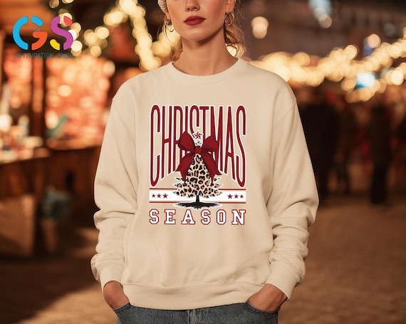 Leopard Design Christmas Tree Sweatshirt, Red Bow Xmas Season Hoodie, Girly Holiday Sweater, New Year Vibe Clothes