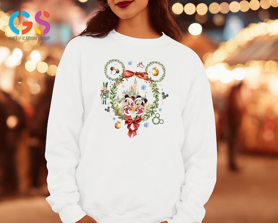 Mickey And Minnie Wreath Christmas Sweatshirt, Holiday Disneyworld Trip Sweater, Magic Kingdom Character Hoodie