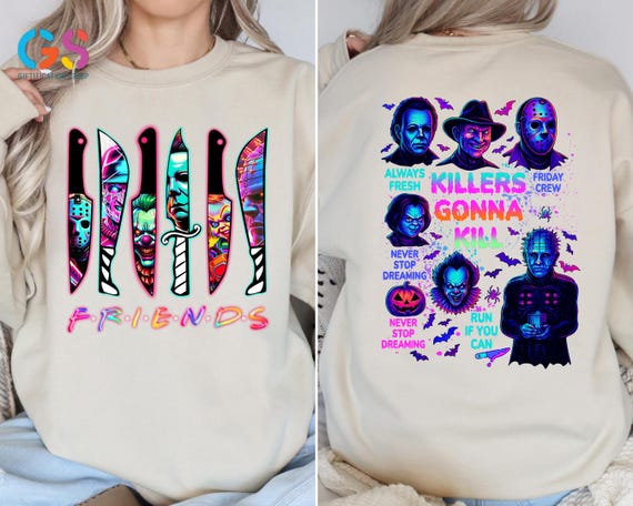 Halloween Neon Horror Character Sweatshirt, Scary Movie Sweater, Colorful Spooky Season Hoodie, Halloween Gift