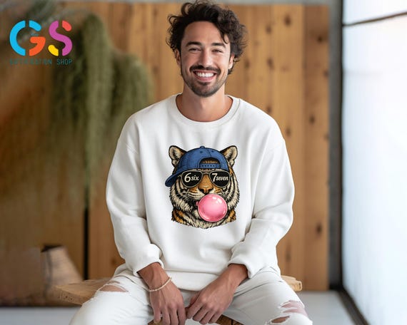 Six Seven Bubble Gum Big Cat Mens Sweatshirt, Safari Animal Lover Humor Sweater, 6 7 Wild Life Clothing