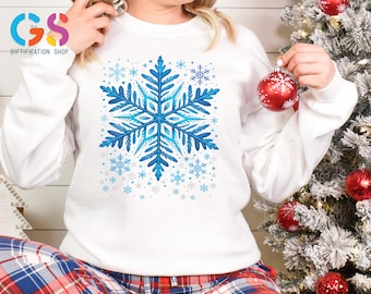 Blue Snowflake Winter Christmas Sweatshirt, Cold Season Hoodie, Holiday Sweater Minimalist