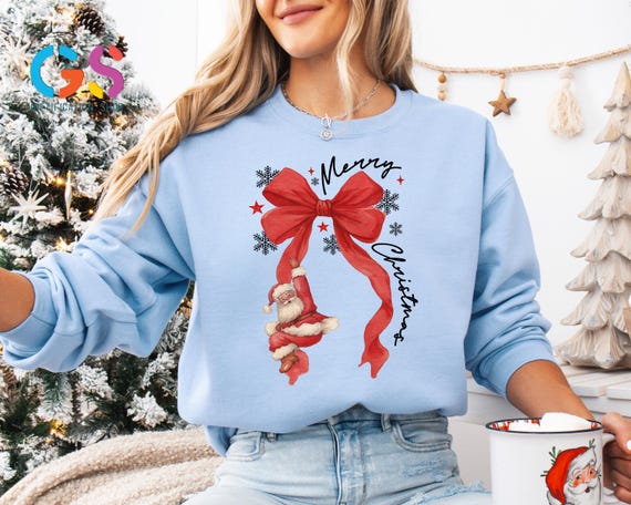 Red Coquette Bow with Santa Sweatshirt, Santa Claus Sweater, Merry Christmas Hoodie, Red Ribbon Sweatshirt, Holiday Gift, Merry and Bright