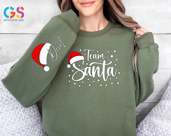 Personalized Team Santa Christmas Sweatshirt, Custom Name on Sleeve Xmas Hoodie, Matching Family Holiday Gift
