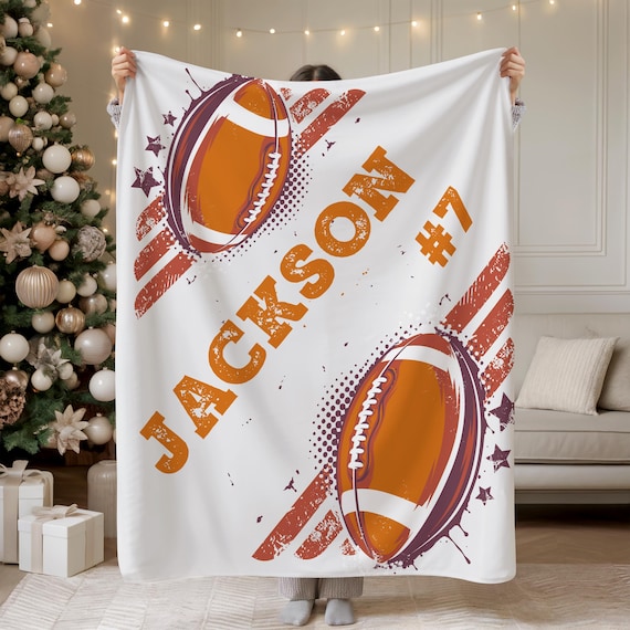 Personalized Football Minky Sherpa Blanket, Custom Name Number Sports Fleece, Kids Team Gift