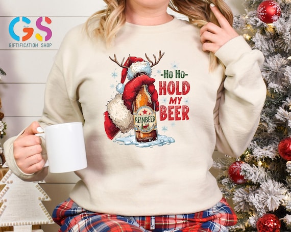 Ho Ho Hold My Beer Christmas Sweatshirt, Funny Santa Holiday Sweater, Xmas Gift For Men Woman, Drinking Lover Top