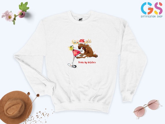 Drink Up Bitches Sweatshirt, Funny Christmas Party Shirt, Adult Humor Xmas, Merry and Bright Hoodie
