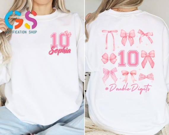 Custom Name Double Digits Girls Birthday Era Sweatshirt, Tenth Party Sweater, Kid Coquette Bow Clothing