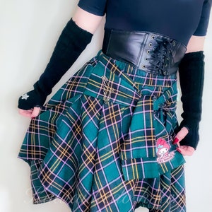 Chain and heart detailed punk Sanriocore plaid tartan hand dyed skirt with mock shirt tie waist