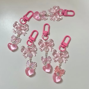 Lindo llavero con lazo y corazón de cuentas rosas para carpeta de tarjetas fotográficas de K-pop, portatarjetas y llaves