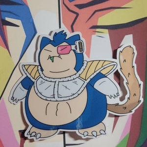 May include: A blue and yellow cartoon character with a pink visor and a green drool. The character has a large, round body and a small tail. The character is wearing a yellow and white armor.