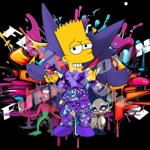 Op de afbeelding: Een cartoonfiguur met gele huid en een paars-zwart gepatroneerd pak staat voor een kleurrijke graffiti-achtergrond. Het personage wordt omringd door drie andere cartoonfiguren, waaronder een paars-zwart wezen met grote oren.