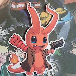 May include: A red cartoon character with horns and a tail, wearing a brown trench coat and holding a gun in one hand and a fist in the other. The character has a friendly expression and is standing on a white background.