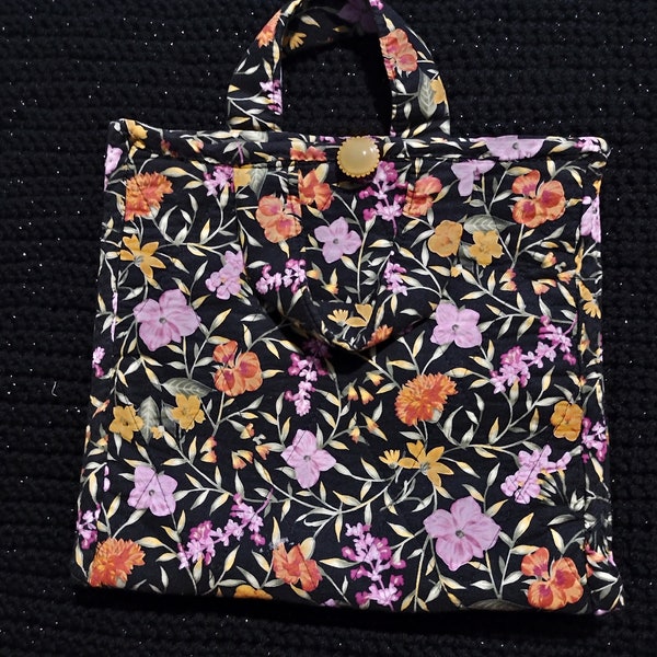 handsewn floral pattern yellow inside fabric snap shut purse handbag