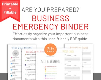 Op de afbeelding: Een printbare zakelijke noodmap met meer dan 70 pagina's. De map bevat secties voor social media-accounts, bedrijfsinformatie, verzekeringen, creditcards en meer. De omslag toont de tekst "Bent u voorbereid? Zakelijke noodmap" in rood en zwart.
