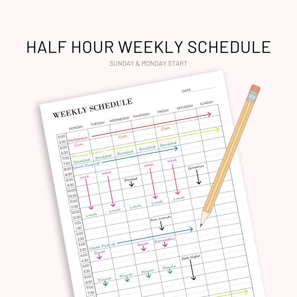 Weekly Schedule, Half Hour Daily Schedule Template, Printable Weekly ...