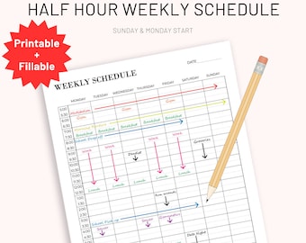 Half Hour Weekly Schedule Template, Printable Weekly Planner
