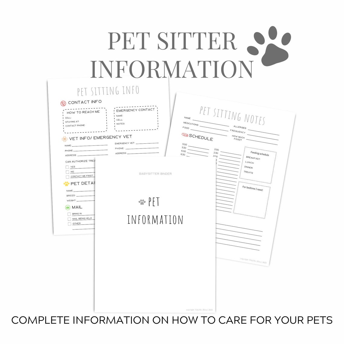 Pet Sitter Instructions Pet Sitter Notes Pet Sitter Binder Pet