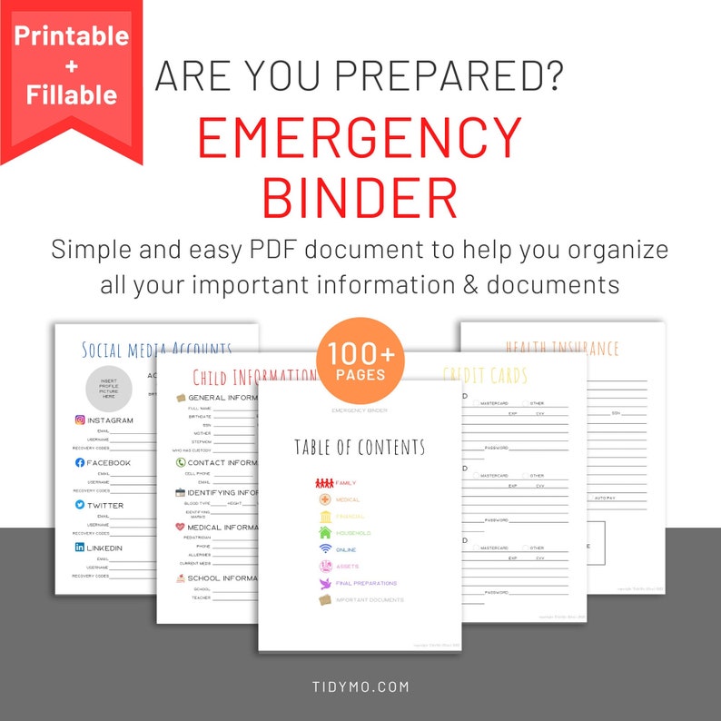 Emergency Binder • Life Organizer PDF • Printable & Fillable Family ...