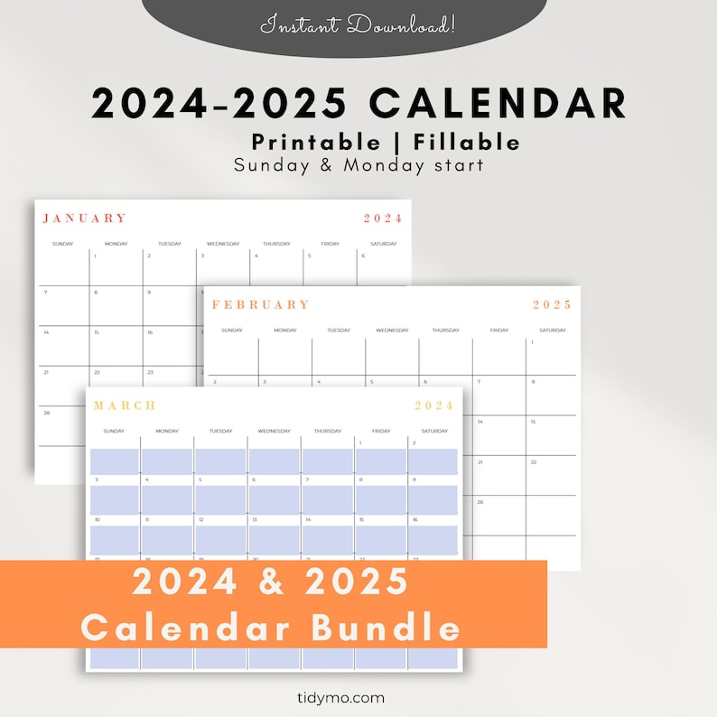Printable Editable 2024 & 2025 Landscape Monthly Calendar Bundle
