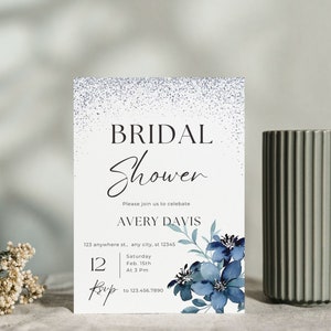 Wildflower Bridal Shower Template, Blue Floral Bridal Invitation Card, Digital Bridal Shower Invitation, Printable Invitation Card Template