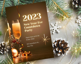 Convite editável para festa de Ano Novo - Modelo imprimível do Canva (Download digital)