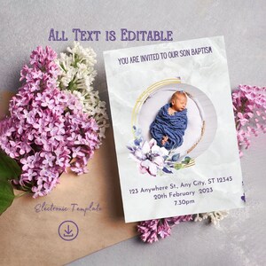 May include: A light blue and white baptism invitation with a photo of a baby wrapped in a blue blanket. The invitation includes the text "You are invited to our son baptism", "123 Anywhere St., Any City, ST 12345", "20th February 2023", and "7.30pm".