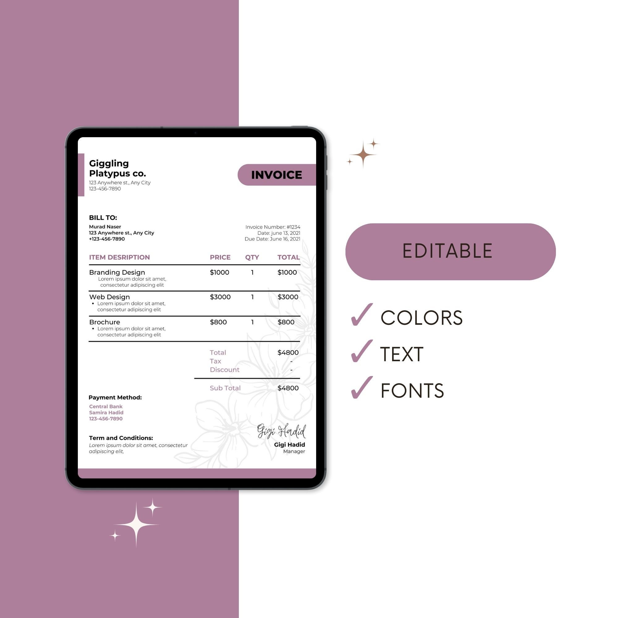 Editable Invoice Template Personalized Invoice Canva Templates