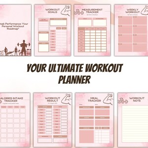 Pode incluir: Um planejador de treino imprimível rosa e castanho com seções para objetivos de treino, rastreamento de medidas, treino semanal, rastreamento de ingestão de calorias, resultados de treino, rastreamento de refeições e notas de treino.
