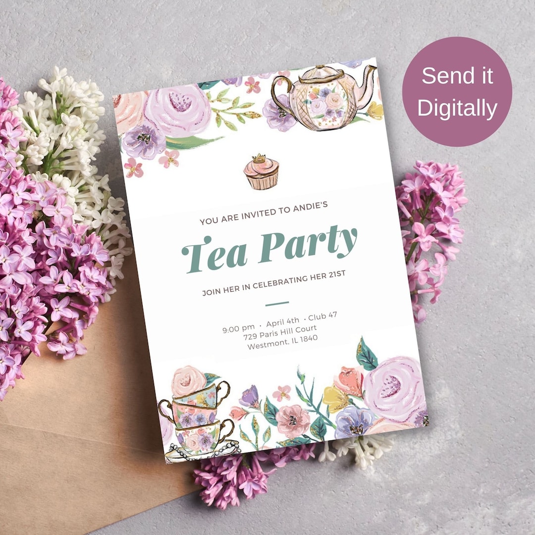 Printable Tea Party Invitation Template – Floral Birthday, Canva ...