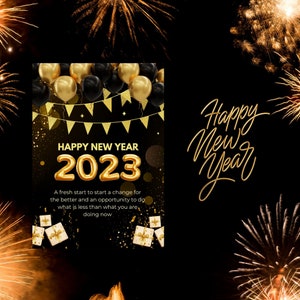 Happy New Year Editable Invitation Template - New Year Eve Canva Template - Black Gold New Year Digital Invite - Printable New Year Gifts