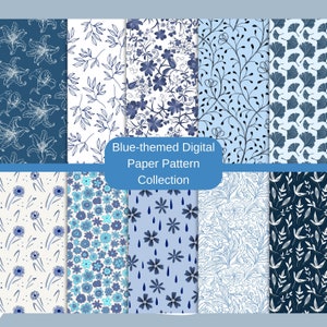 Seamless Blue Themed Floral Paper Pattern Pack - Instant Downloadable Scrapbooking Paper Pack - Printable Digital Background Paper