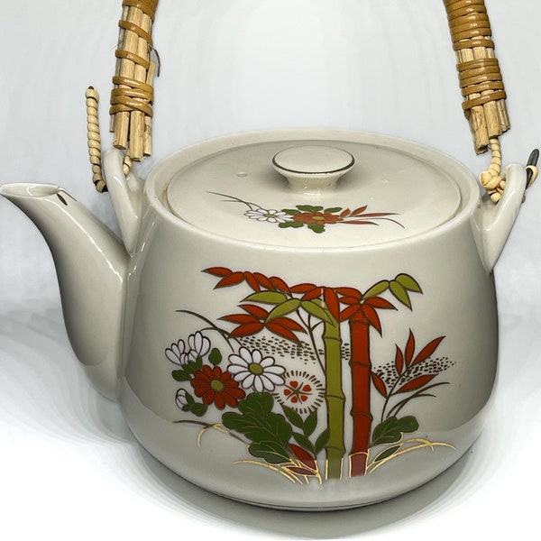 Vintage Japanese Floral & Bamboo Teapot with Bamboo Handle
