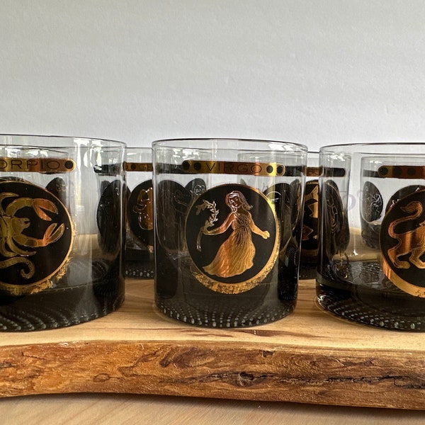 MCM Black Smoke and Gilded Gold Bar glasses with 3 featured Zodiac Signs and symbols on each Glass