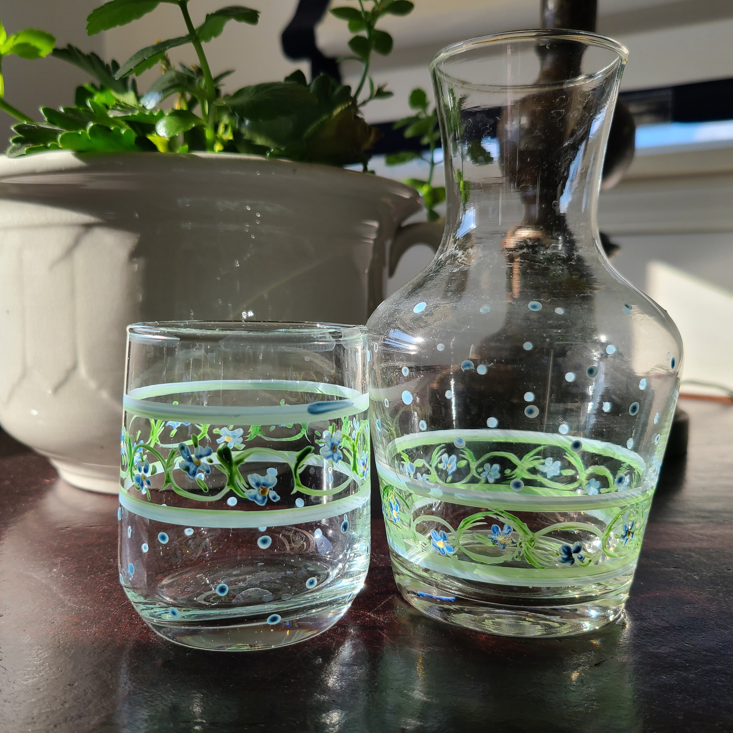 Hand Etched Green Water Carafe & Glass Set