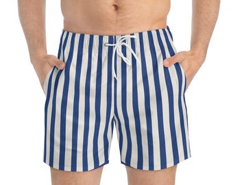Calções de banho listrados masculinos – Azul e Branco | Moda praia retrô, calções de banho de secagem rápida