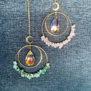Beautiful natural stone sun catchers, Crystal sun catcher, Car sun catcher, Outdoor hanging sun catcher, Rose quartz and Green Aventurine