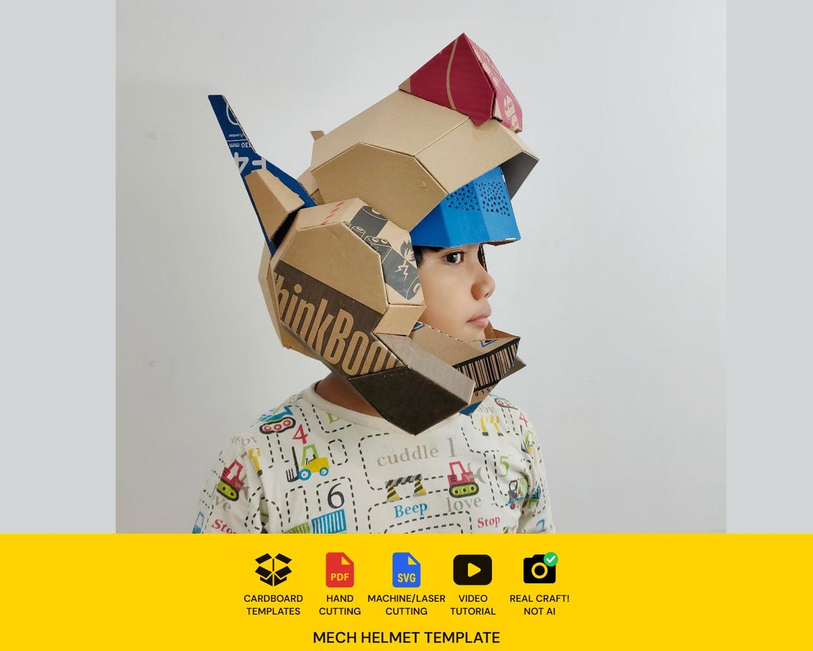 Mech Robot Helmet Cardboard Template | Resizable SVG PDF Blueprint for ...